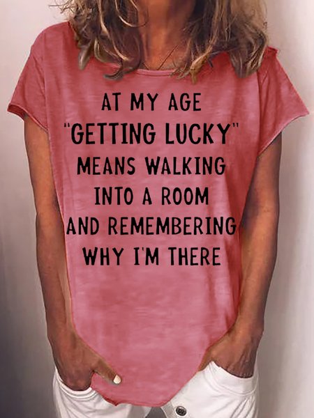 Womens Funny Letter At My Age Getting Lucky T-Shirt, Red, T-shirts