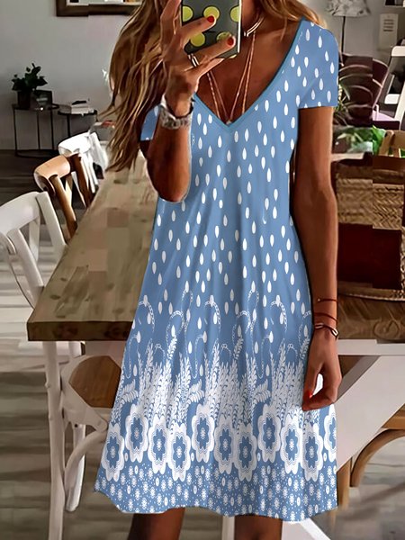 

Blue Floral Short Sleeve Knit Dress, Dresses