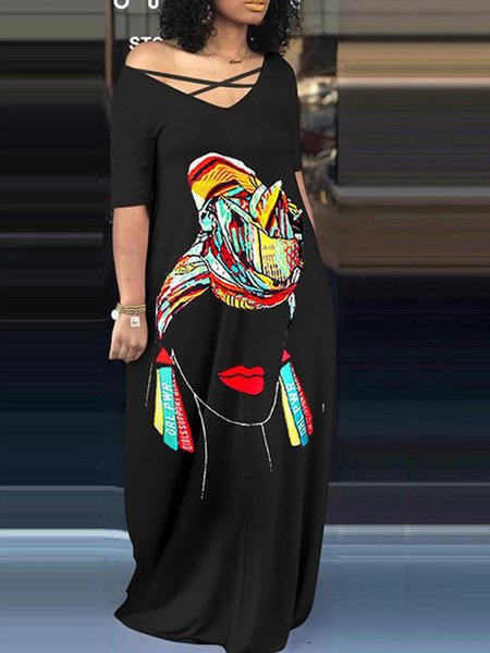 

Casual V Neck Figure Printed Short Sleeve T-Shirt Dress, Black, Maxi Dresses