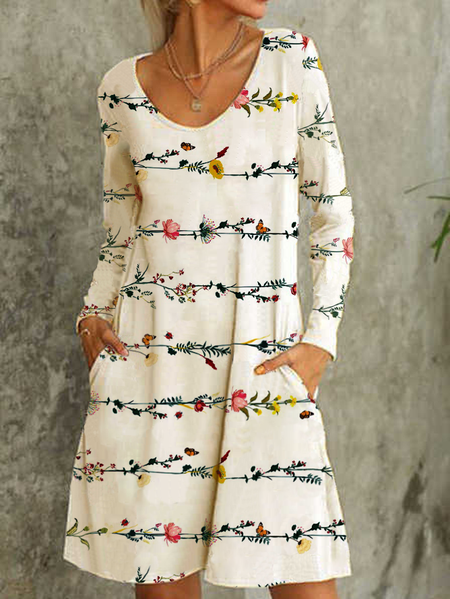 

Casual Floral V Neck T-Shirt Dress Long sleeve Dresses, Beige, Dresses