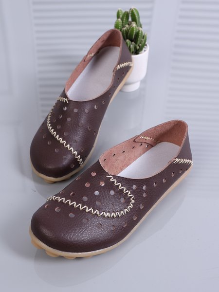 JFN Women's Hollow Breathable Cowhide Soft Shoe, Brown, Flats