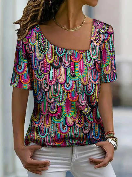 

Color Block Asymmetrical Neck Vacation Top, Multicolor, T-Shirts