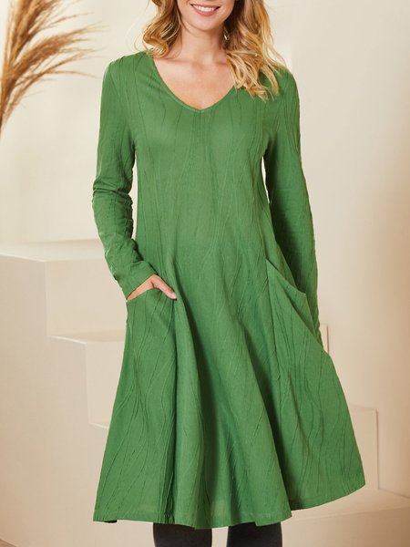 

V Neck Cotton-Blend Casual Dresses, Green, Midi Dresses
