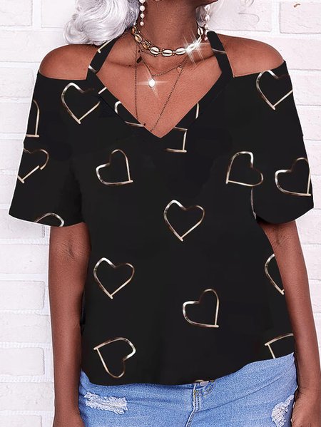 

Raglan Sleeve V Neck Geometric Simple Tops, Black, T-Shirts