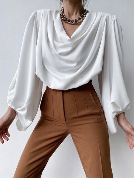 

White Daily Fit Simple Lantern Sleeve Plain Top, Tops