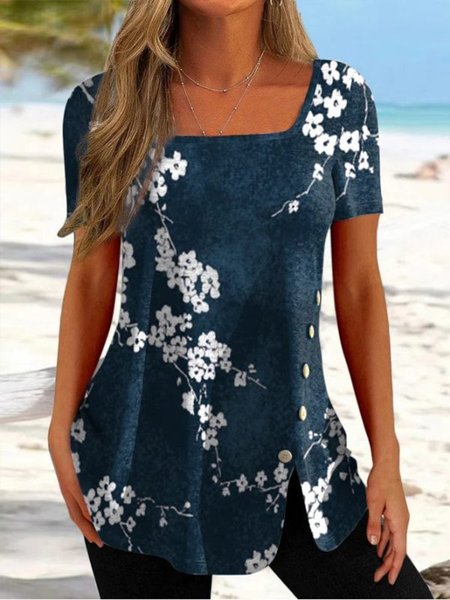 

Women's Top T shirt Tee Floral Print Short Sleeve Crewneck Streetwear Daily Going out Cotton Spandex Jersey Casual Tunic T-Shirt, Blue, T-shirts