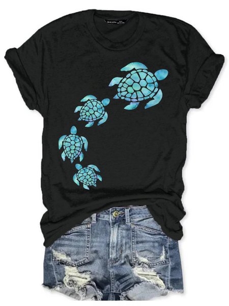 

Womens Sea Turtle Watercolor Blue Print Casual T-Shirt, Black, T-shirts
