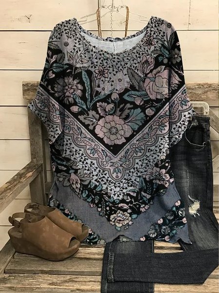 

Folk retro flower wide Pullover Top plus size, Deep gray, Shirts & Blouses
