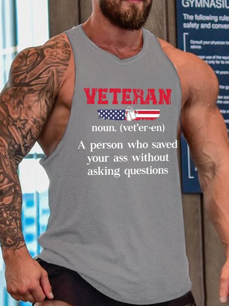 

Veteran America Flag Men's Crew Neck Loose Tank Top, Gray, Tank Tops