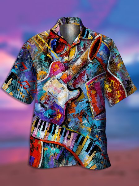 

Retro Style Music Series Gradient Oil Painting Guitar Element Pattern Lapel Short-Sleeved Shirt Print Top, Multicolor, Shirts ＆ Blouse