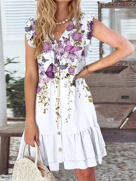 

Butterfly Floral Print Ruffle Hem Casual Dress, White, Mini Dresses