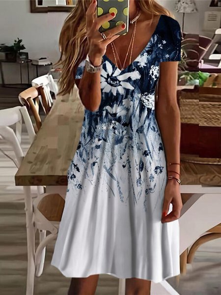 

Floral Casual V Neck Dress, Dark blue, Dresses