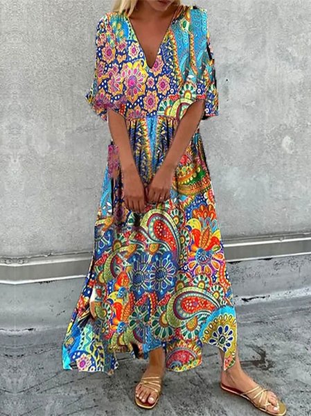 

Vacation Casual Tribal Printed V-neck Regular Fit Maxi Dress, Multicolor, Dresses