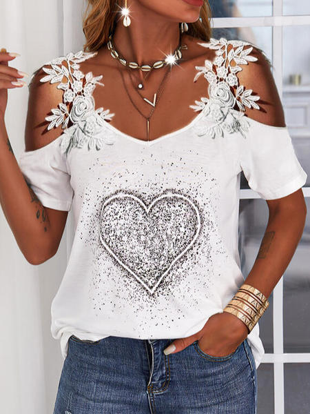 

Heart Lace Cold Shoulder Short Sleeves Cold Shoulder Sleeve Casual Blouses, White, T-Shirts