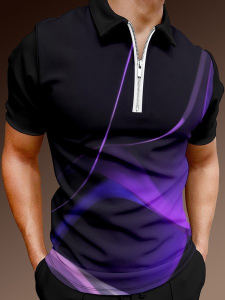 

Casual Art Series 3D Gradient Geometric Stripes Color Block Element Pattern Lapel Short Sleeve Polo Print Top, Black, Men's t-shirts