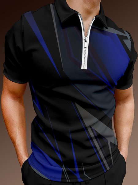 

Casual Art Collection Geometric Stripes Color Block Pattern Lapel Short Sleeve Polo Print Top, Black, Men's t-shirts