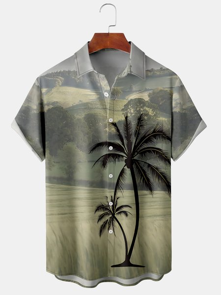 

Mens Dark Landscape with Coconut Tree Print Front Buttons Soft Breathable Chest Pocket Casual Hawaiian Shirts, Green, Men's Floral shirt