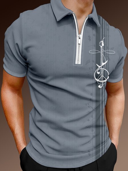 

Casual Music Collection Geometric Striped Note Element Pattern Lapel Short Sleeve Polo Print Top, Light blue, Men's t-shirts