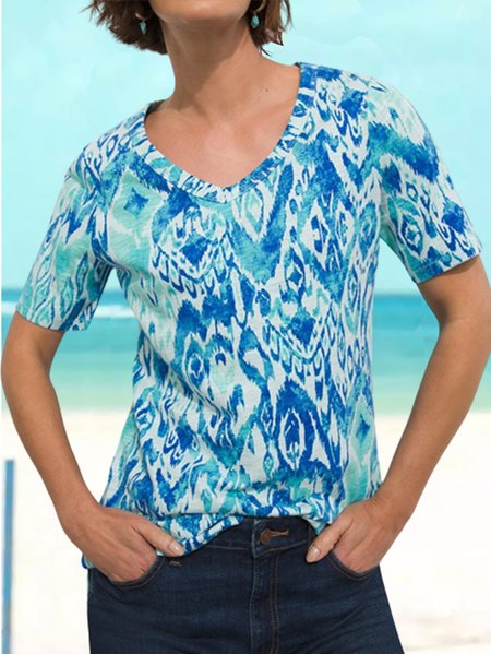 

V Neck Casual Loose T-Shirt, Blue, Tees & T-shirts