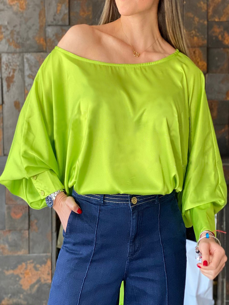 

Summer Lightweight Long sleeve Solid Asymmetrical Neck Tops, Green, Tops