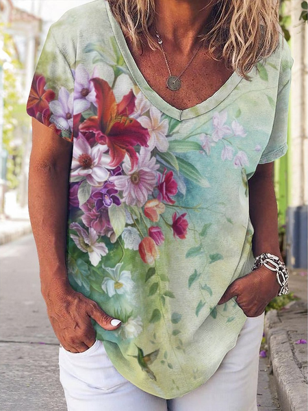 

Women's Casual Floral Print V-Neck T-shirt, As picture, T-shirts