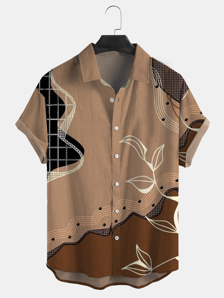 

Cotton Linen Botanical Floral Print Lapel Cozy Linen Shirt, As picture, Men's Floral shirt