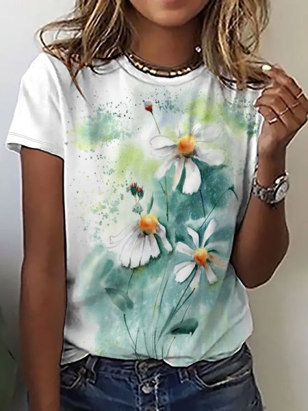 Women's Casual Daisy Print Crew Neck T-Shirt, White, T-shirts