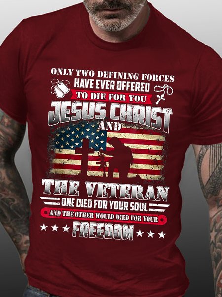 

American Flag God Jesus Christ Die For Your Soul Veterans For Your Loose Crew Neck Cotton T-Shirt, Red, T-shirts