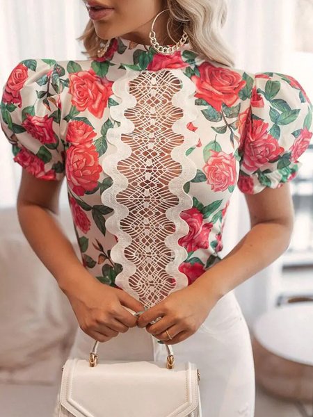

Elegant Puff Sleeve Turtleneck Floral Top, Flower, Tops