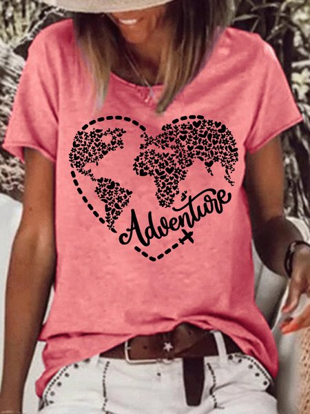 

Womens Love to Travel Floral World Adventure Heart Letter T-Shirt, Red, T-shirts