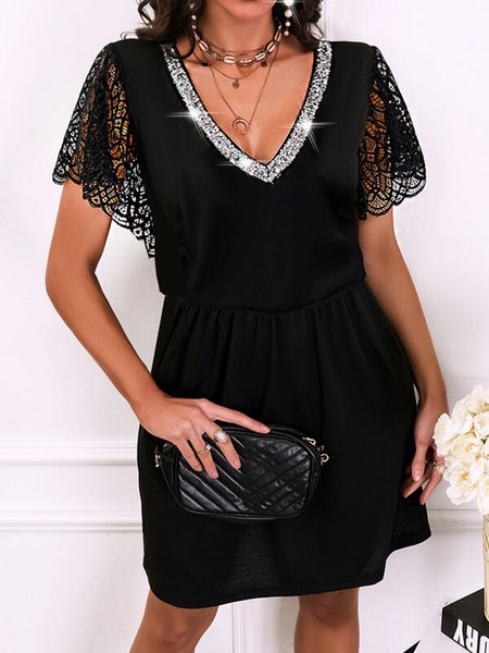 

V Neck Casual Guipure Lace Dresses, Black, Dresses