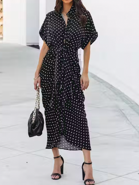 

Summer Short sleeve H-Line No Elasticity Shawl Collar Elegant Fit Dresses, Black, Maxi Dresses