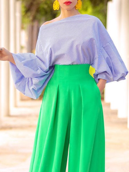 

Elegant Striped Three Quarter Billow Sleeve Top, Blue, Tops