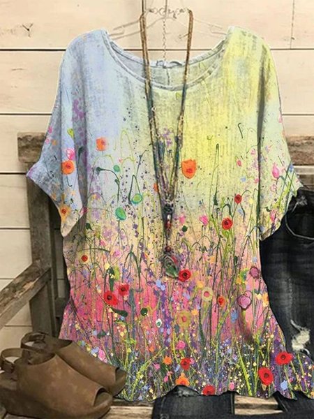 

Crew Neck Loose Ombre Floral Tops, Multicolor, Shirts & Blouses