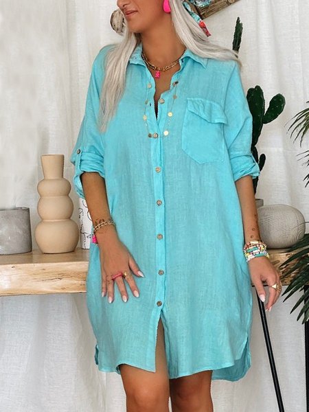 

Casual Shawl Collar Cotton Buttons Shirt Dress, Blue, Mini Dresses