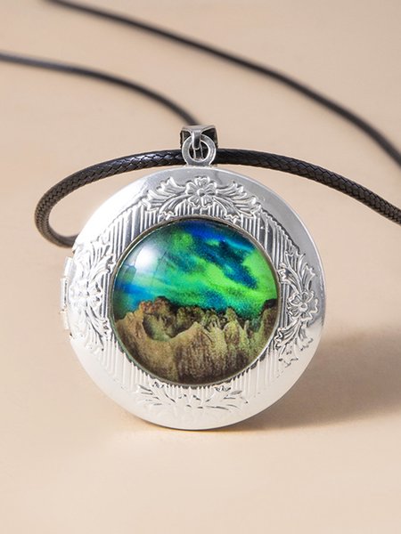 

JFN Time Stone Photo Frame Box Leather String Necklace, Silver, Necklaces
