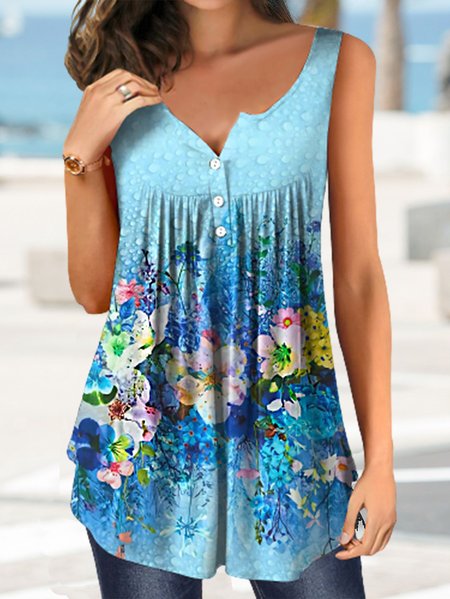 

Floral Casual Cotton-Blend Tanks & Camis, Blue, Tanks & Camis