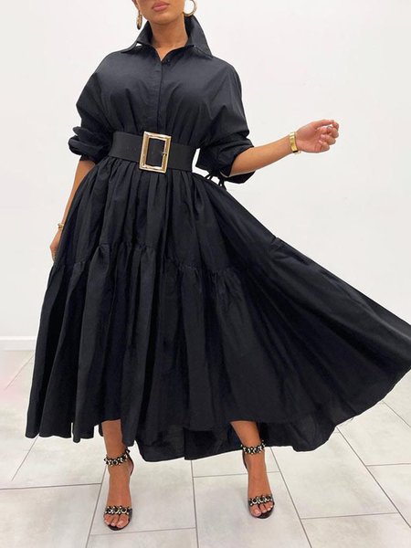 

Elegant Shawl Collar Loosen Daily Maxi Dress, Black, Midi Dresses
