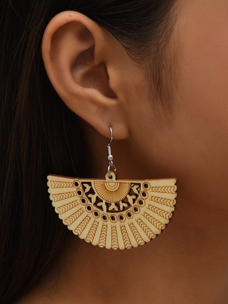 

JFN Vintage Wood Ethnic Pattern Scallop Earrings, Beige, Earrings