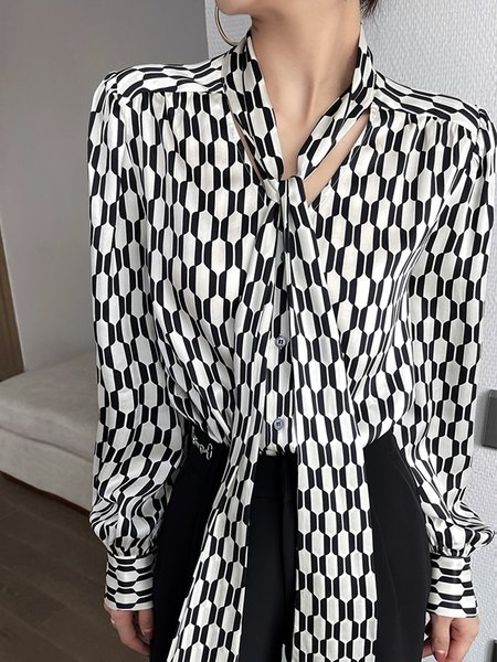 

Long sleeve Daily Geometric Urban Satin Blouse, Black, Blouses and Shirts