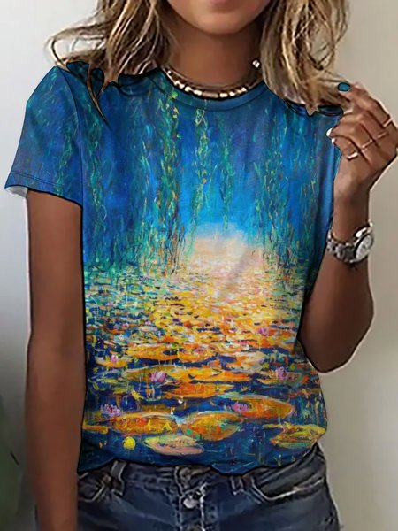 

Women's Casual Abstract Landscape Print Crew Neck T-Shirt, As picture, T-shirts