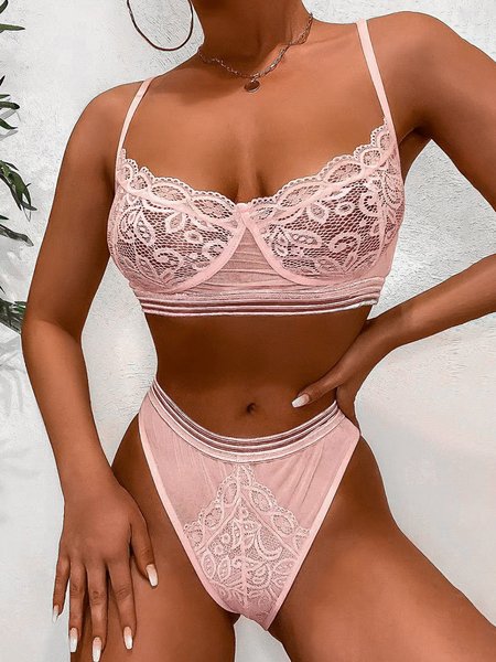 

JFN Three-Point Sexy Lace Sling Bra Set Plus Size, Pink, Bra & Bra Sets
