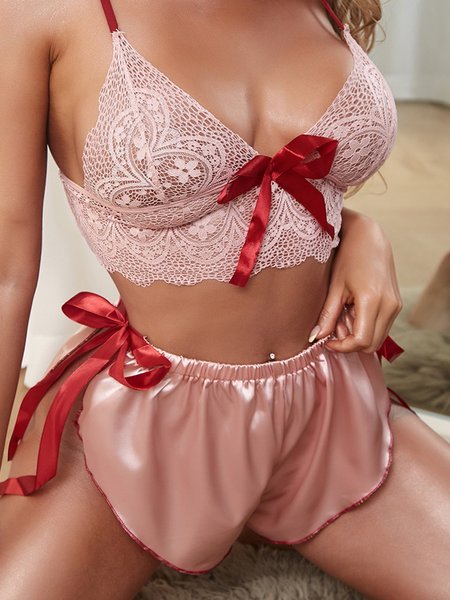 

JFN Sexy Pink V-Neck Bow Lace Bra Lingerie Set Plus Size, Bra & Bra Sets