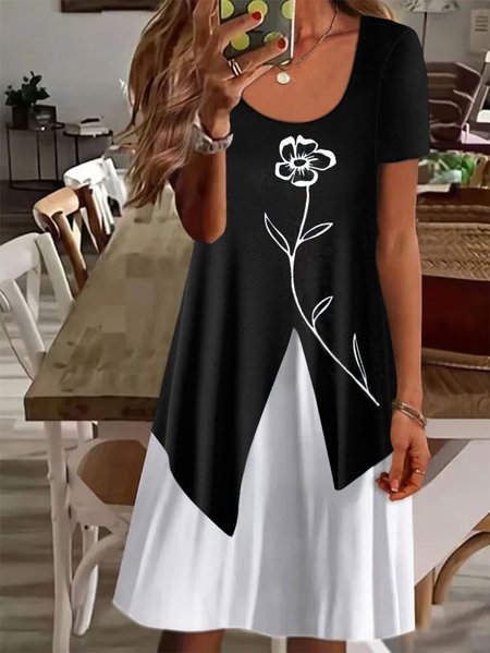 

JFN Round Neck Floral Colorblock Casual Vacation Mini Dresses, Black-white, Dresses