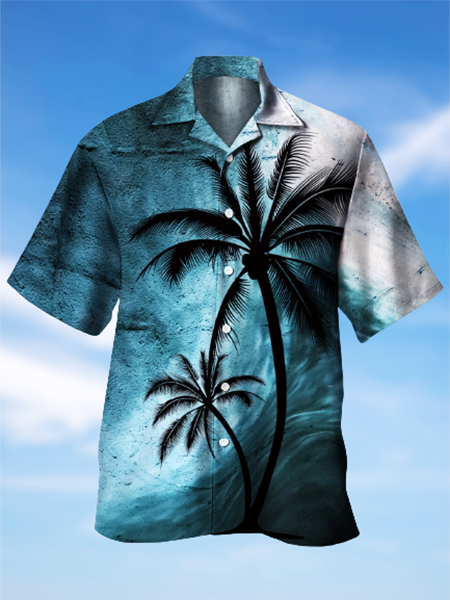

Mens Wave Rock Coconut Tree Print Front Buttons Soft Breathable Loose Casual Hawaiian Shirts, Blue, Men's Floral shirt