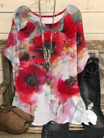 

JFN Crew Neck Floral Watercolor Batwing Sleeve Casual Loose Tops, Red, Shirts & Blouses