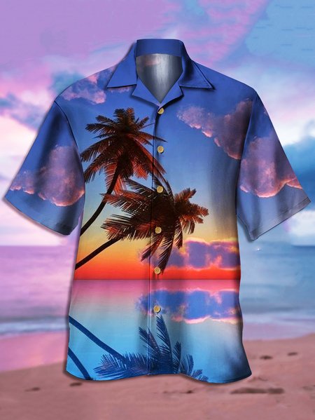 

Mens Sunset Coconut Tree Print Front Buttons Soft Breathable Loose Casual Hawaiian Shirts, Blue, Men's Floral shirt
