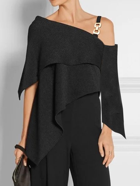 

Three Quarter Daily Plain Asymmetrical Loose Top, Black, Blouses and Shirts