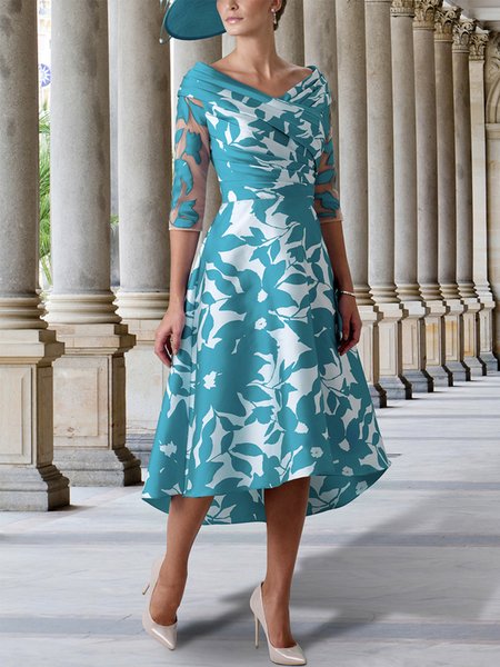 

Elegant Floral Half Sleeve Regular Fit Midi Dress, As picture, Midi Dresses