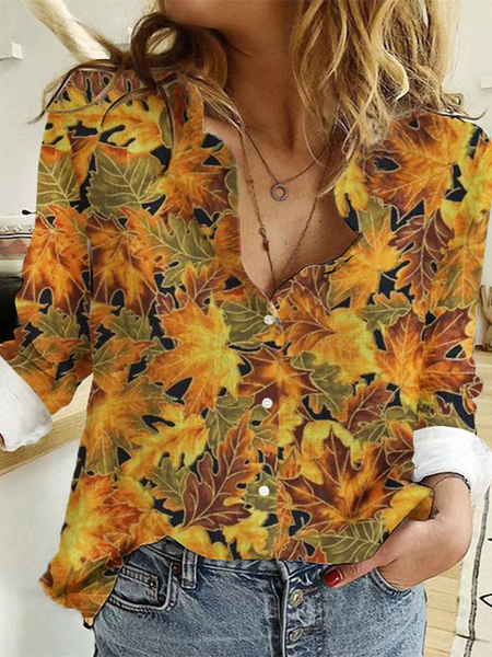 

Casual Loose Leaf Shawl Collar Blouse, Multicolor, Shirts & Blouses